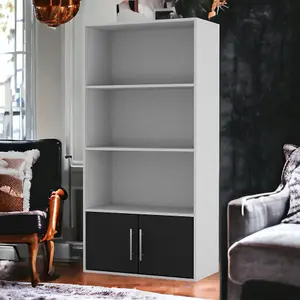 URBNLIVING 4 Tier Grey Wooden Bookcase Cupboard with Black Metal Storage Shelving Display Cabinet