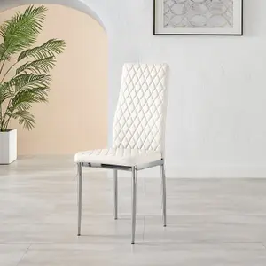 Set of 6 Milan White High Back Soft Touch Diamond Pattern Faux Leather Chromed Metal Leg Dining Chairs