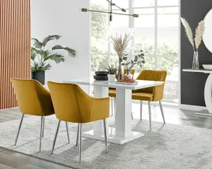 Furniturebox UK 4 Seater Dining Set - Imperia White High Gloss Dining Table and Chairs - 4 Mustard Calla Silver Leg Chairs