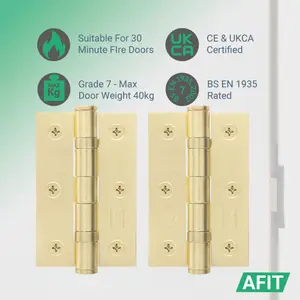 AFIT Satin Brass Door Hinges - 3 Inch / 76mm  Internal Fire Door Hinges - 3 Pairs