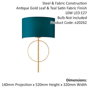 2 PACK Antique Gold Leaf Wall Light & Teal Satin Shade Dimmable Filament Lamp