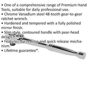 Premium 48-Tooth Pear-Head Ratchet Wrench - 3/8 Inch Drive with Flip Reverse Mechanism