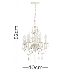 ValueLights Lille Cream Ornate Vintage Style Shabby Chic 5 Way Ceiling Light Chandelier with Acrylic Jewels