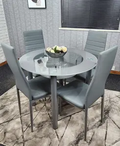 Round Glass Grey Kitchen Dining Table With Storage Shelf And 4 Grey Metal Chairs Set