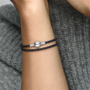 Pandora Moments Double Black Leather Bracelet - Geniune Leather / Sterling Silver / Black - Sz. 41 cm