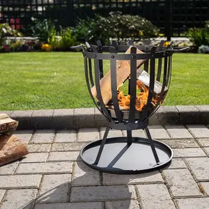 El Clasico Fire Basket with Handles - Black Metal Outdoor Garden Wood, Log or Briquette Burner Fire Pit Bowl - H42 x 34cm Diameter