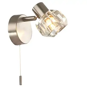 Modern Satin Nickel Wall Light Fitting with Chunky Square Ice Cube Glass Shade