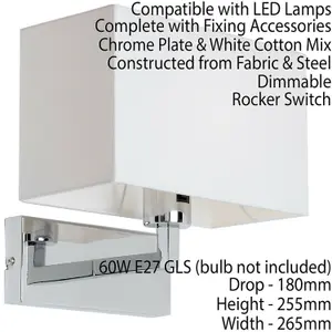 Dimming LED Wall Light Chrome & White Cotton Shade Sleek Rectangle Lamp Fitting