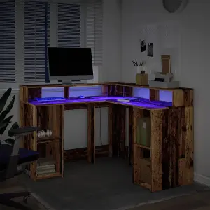 Berkfield Desk with LED Lights Old Wood 130x130x91 cm Engineered Wood