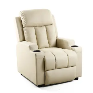 Studio Leather Recliner W Drink Holders Armchair Sofa Chair Cinema Gaming Cream