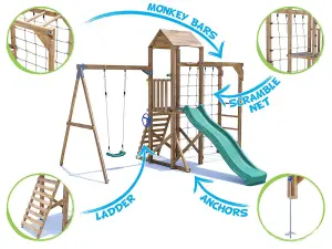 Dunster House Climbing Frame with Swing, Slide, Bars & Net BalconyFort Low Platform