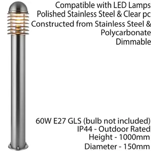 1m Outdoor Post Bollard Light Polished Steel Vandal Proof External Pathway Lamp