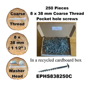 Pocket Hole Screws for Softwoods, 38mm Long, Pack of 250, Coarse Self-Cutting Threaded Square Drive, EPHS838250C, EPH Woodworking