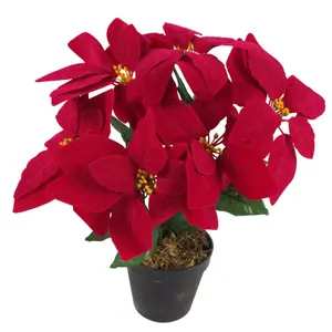 Artificial Christmas Xmas Red Poinsettia 40cm Silver Curved Metal Planter