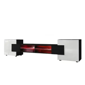 Bridge Wide TV Unit with Storage & Led Lighting - White Gloss / Black Matt