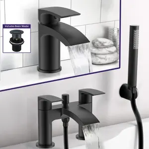 Libra Waterfall Basin Mono Mixer Tap, Bath Shower Mixer Tap & Waste Matte Black