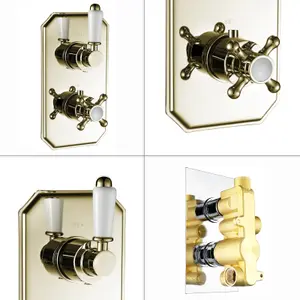 ENKI Regent English Gold White Traditional Crosshead Single Outlet Brass Thermostatic Twin Shower Valve TSV035