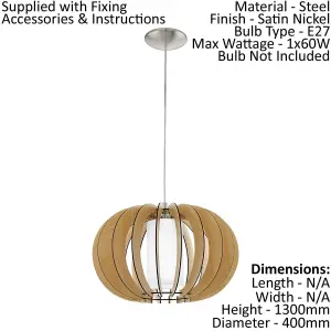 Pendant Ceiling Light Colour Satin Nickel Maple White Wood Glass Bulb E27 1x60W