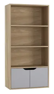 URBNLIVING Height 118Cm 4 Tier Wooden Bookcase Cupboard with Doors Storage Shelving Display Colour Oak Door Grey Cabinet Unit