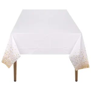 White Plastic Tablecloth, Gold Dot Confetti Printed Waterproof Table Cover - 54"x108"