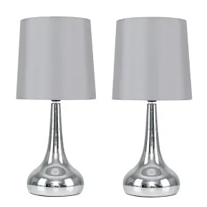 ValueLights Chrome Teardrop Touch Bed Side Table Lamps with Grey Fabric Shade With 5w LED Bulb 3000K Warm White