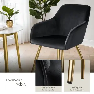 Chair Marilyn - with armrests, padded, velvet look, golden steel legs - black/gold