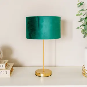 ValueLights Charles Gold Stem Table Lamp with Forest Green Velvet with Gold Inner Lamp Shade and LED Bulb