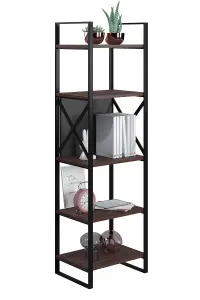 Meta Narrow Bookcase Storage Shelf with Metal Frame, 48 x 35 x 165 cm 5 Display Shelves, Bookshelf, Open Cabinet, Walnut