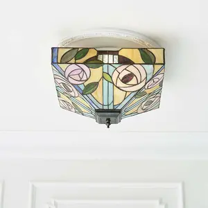 Tiffany Glass Semi Flush Ceiling Light Pink Rose Inverted Square Shade i00063