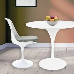 Tulip Set - White Medium Circular Table and Four Chairs with Luxurious Cushion Grey