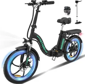 (Black) HITWAY E Bikes, 20"Electric Bike, Up 35-90km Fold Bike Citybike For Adul