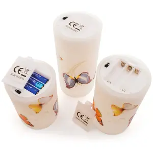 3 x Butterfly Design Real Wax LED Pillar Candles - Battery Powered Flickering Light Home Decoration - One of Each 10, 12.5 & 15cm