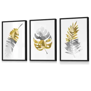 Set of 3 Geometric Tropical Leaves In Yellow Grey Wall Art Prints / 30x42cm (A3) / Black Frame