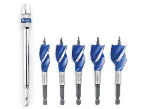 IRWIN Blue Groove 6X Stubby Wood Bit Set, 5 Piece: 16-25mm + Extension