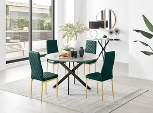 Furniturebox UK Novara Grey Concrete Effect Black Leg 120cm Round Dining Table & 4 Green Velvet Milan Gold Leg Chairs