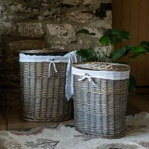 Oval Wicker Lined Laundry Basket Bin Light Grey / Large (56 cm x 51 cm x 37 cm)