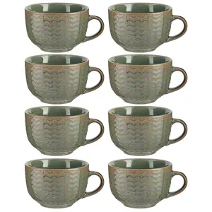 Set of 8 Dark Green Large Stoneware Cups Coffee Mugs