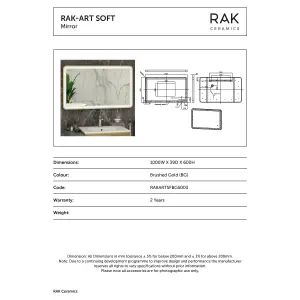 RAK Art Soft 600x1000mm Brushed Gold Square with Touch Sensor Illuminated Mirror IP44