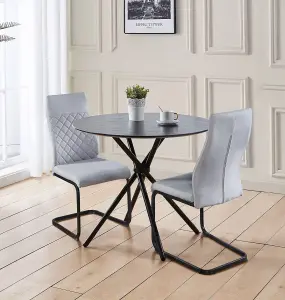 Hallowood Furniture Cullompton Small Round Black Dining Table (90cm) with 2 Light Grey High Back Chairs