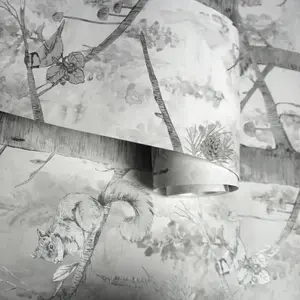 Grey Woodland Trees Wallpaper Silver Metallic Squirrel Birds Non-Woven Grizedale