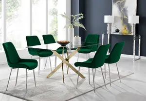 Furniturebox UK Leonardo 6 Gold Dining Table and 6 Green Pesaro Silver Leg Chairs