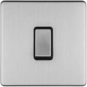 1 Gang Single Light Switch SCREWLESS SATIN STEEL 2 Way 10A Metal Rocker Slim