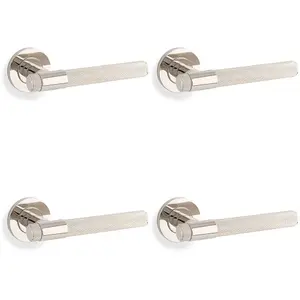 4 PACK - SOLID BRASS Knurled Door Handle Set - Polished Nickel Bar Lever Round Rose