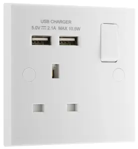 BG White Single 13A Raised square Switched Screwed Socket with USB, x2 & White inserts