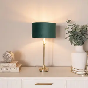 ValueLights Maggie Gold Candlestick Table Lamp with Forest Green Velvet with Gold Inner Lamp Shade and LED Bulb