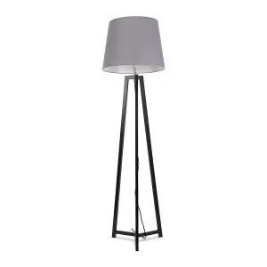 ValueLights Lottie Black Wood Tripod Floor Lamp with Grey Tapered Shade