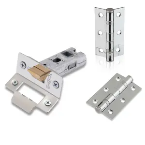 XFORT Polished Chrome Tubular Latch Door Accessory Pack, Complate with 65mm Tubular Latch and 75mm Ball Bearing Hinges