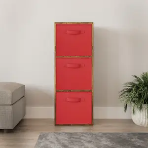 URBNLIVING 80cm Height Rustic Brown 3-Tier Cube Shelving Unit with Red Inserts