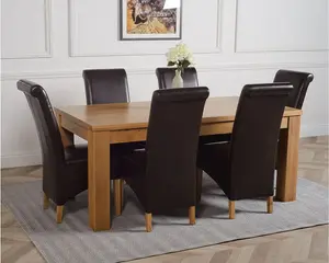 Dakota 182 x 92 cm Chunky Oak Large Dining Table and 6 Chairs Dining Set with Montana Brown Leather Chairs