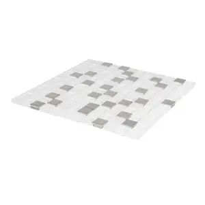 Prate Grey & white Frosted Gloss Glass & stainless steel Mosaic tile, (L)320mm (W)32mm